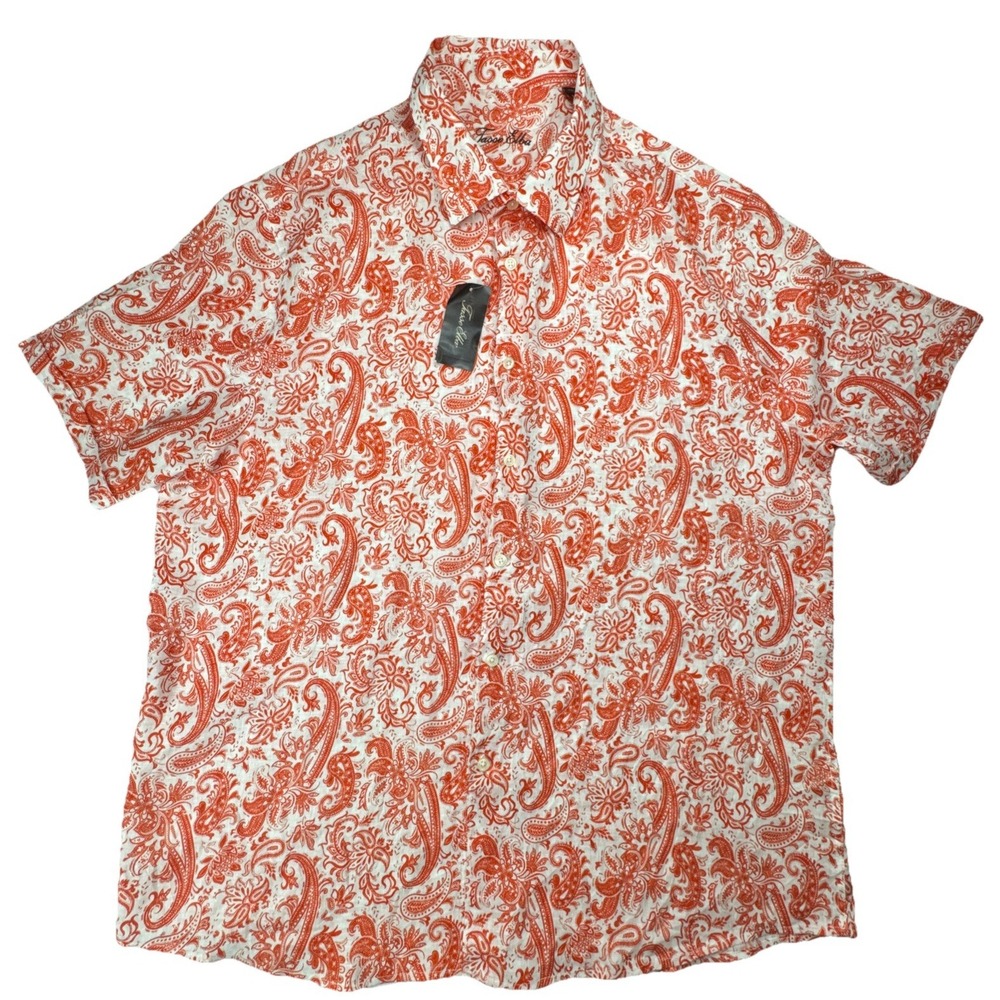 Tasso Elba Mens Shirt XXL 100% Linen Paisley Red White Short Sleeve Summer Boho